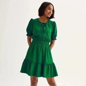 Draper James Emerald Green Puff Sleeve Fit and Flare Crepe Mini Dress